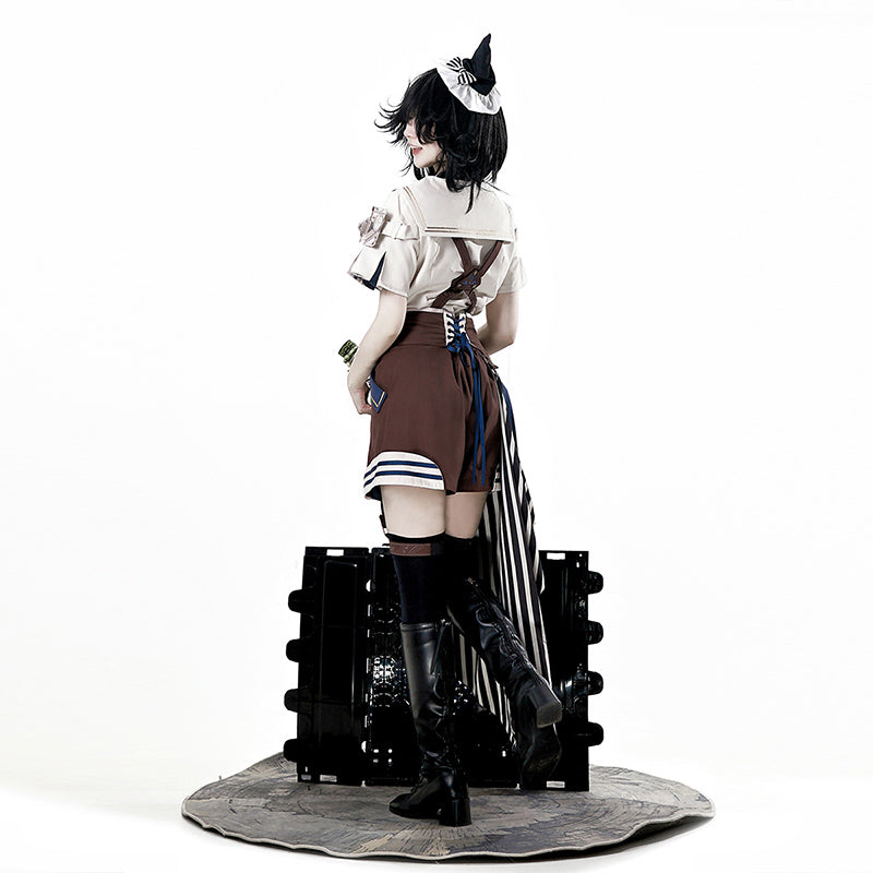 Ouji Fashion Lolita Steampunk Set Navy Brown Layer Collar Shirt with Suspender Shorts