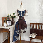 Ouji Fashion Lolita Steampunk Set Navy Brown Layer Collar Shirt with Suspender Shorts