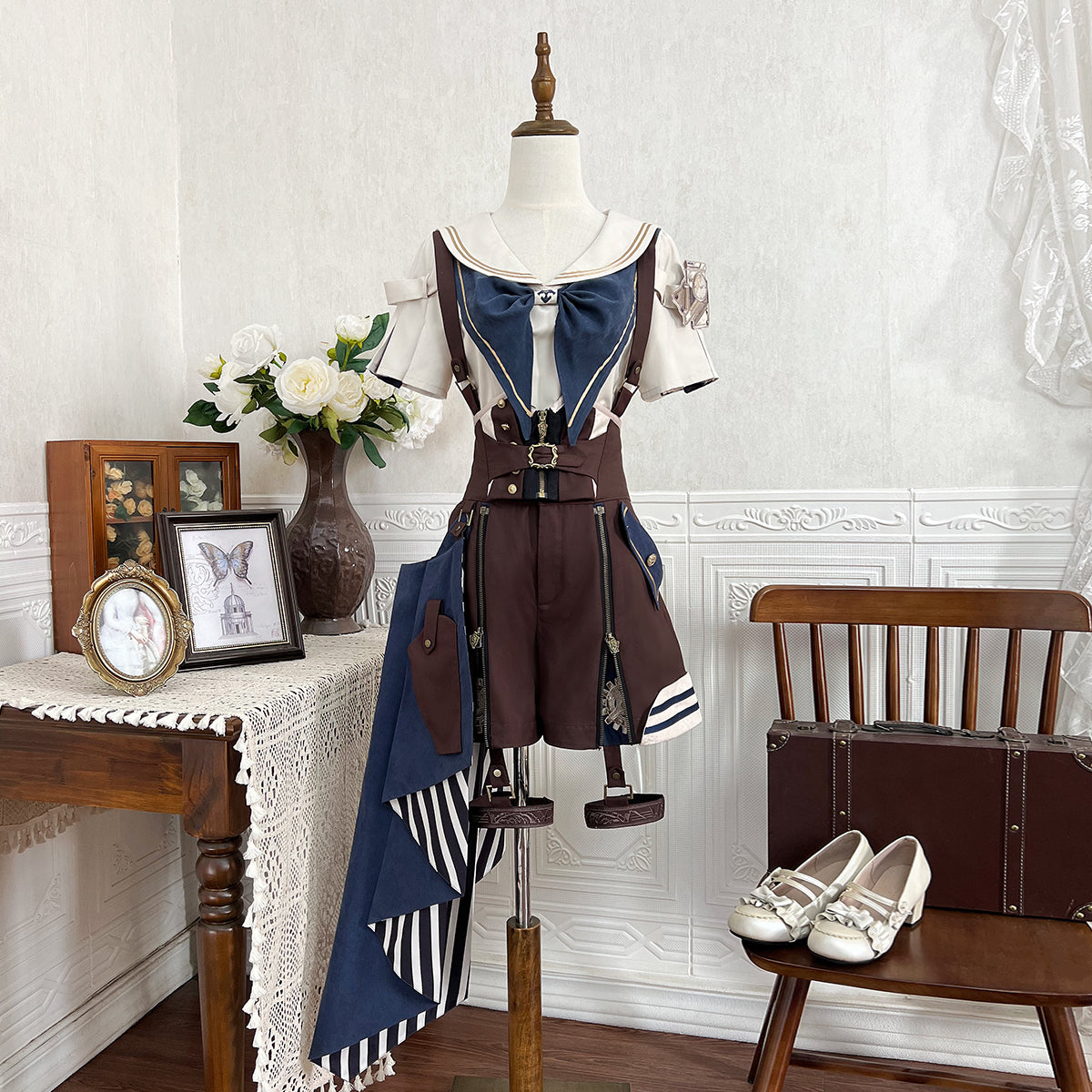 Ouji Fashion Lolita Steampunk Set Navy Brown Layer Collar Shirt with Suspender Shorts