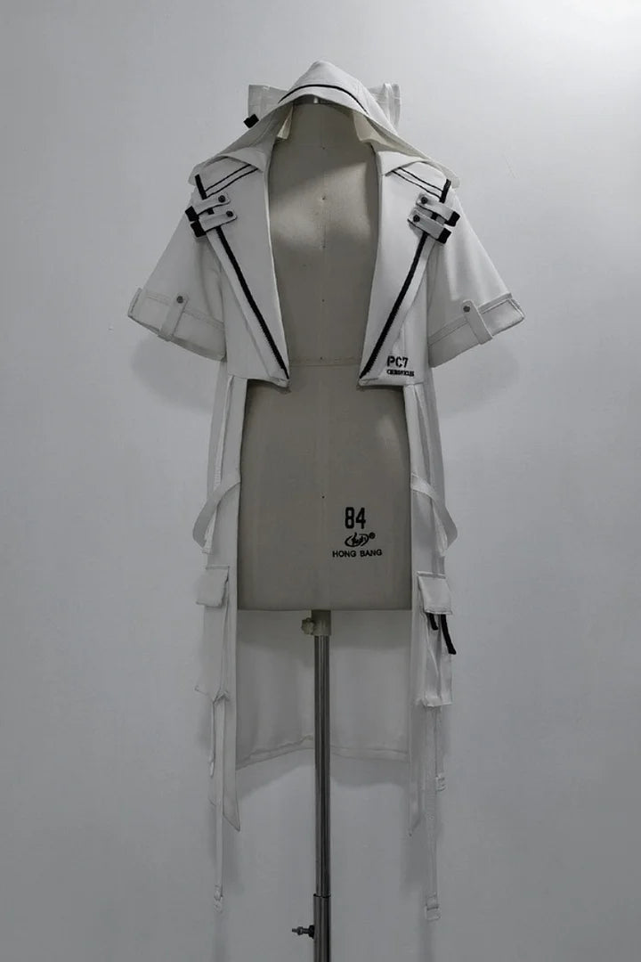 Ouji Fashion Lolita White City Tech Wear Cool Handsome Shorts Short Sleeves Cat Ear Jacket Niche