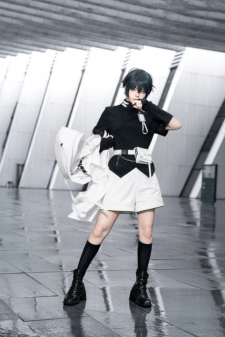 Ouji Fashion Lolita White City Tech Wear Cool Handsome Shorts Short Sleeves Cat Ear Jacket Niche