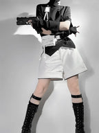 Ouji Fashion Lolita White City Tech Wear Cool Handsome Shorts Short Sleeves Cat Ear Jacket Niche