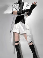 Ouji Fashion Lolita White City Tech Wear Cool Handsome Shorts Short Sleeves Cat Ear Jacket Niche