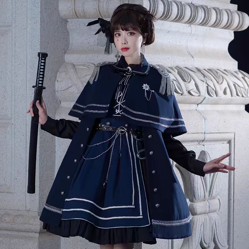 Ouji Fashion Military Aristocrat Lolita Jumper Skirt Solid Color Army Green Winter Cloak Set