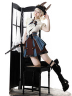 Ouji Fashion Steampunk Lolita Blouse Skirt Set Cream Brown Blue Tailor Ruffled Ensemble with Gold Accents Lolita Dress