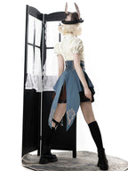 Ouji Fashion Steampunk Lolita Blouse Skirt Set Cream Brown Blue Tailor Ruffled Ensemble with Gold Accents Lolita Dress