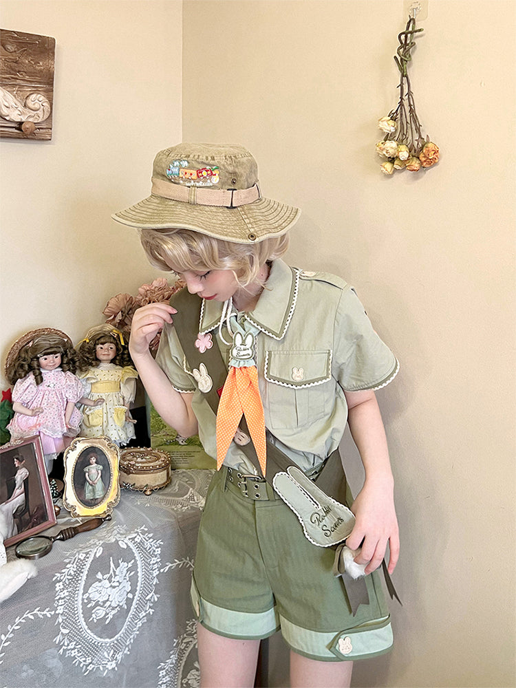 Ouji Fashion Dress Bunny Set Olive Green Short Sleeved Shirt with Suspender Skirt/Shorts Plus Size 3XL Lolita Dress