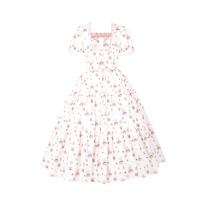 Pastoral Style Sweet Floral White Print Dress Cute Lolita Short Sleeve Long Dress