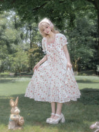Pastoral Style Sweet Floral White Print Dress Cute Lolita Short Sleeve Long Dress