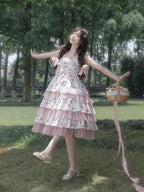Pastoral Style Sweet Floral White Print Dress Cute Lolita Short Sleeve Long Dress