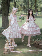 Pastoral Style Sweet Floral White Print Dress Cute Lolita Short Sleeve Long Dress