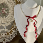 Pearl Butterfly Ribbon Red Exquisite Vintage Love Christmas New Year Necklace