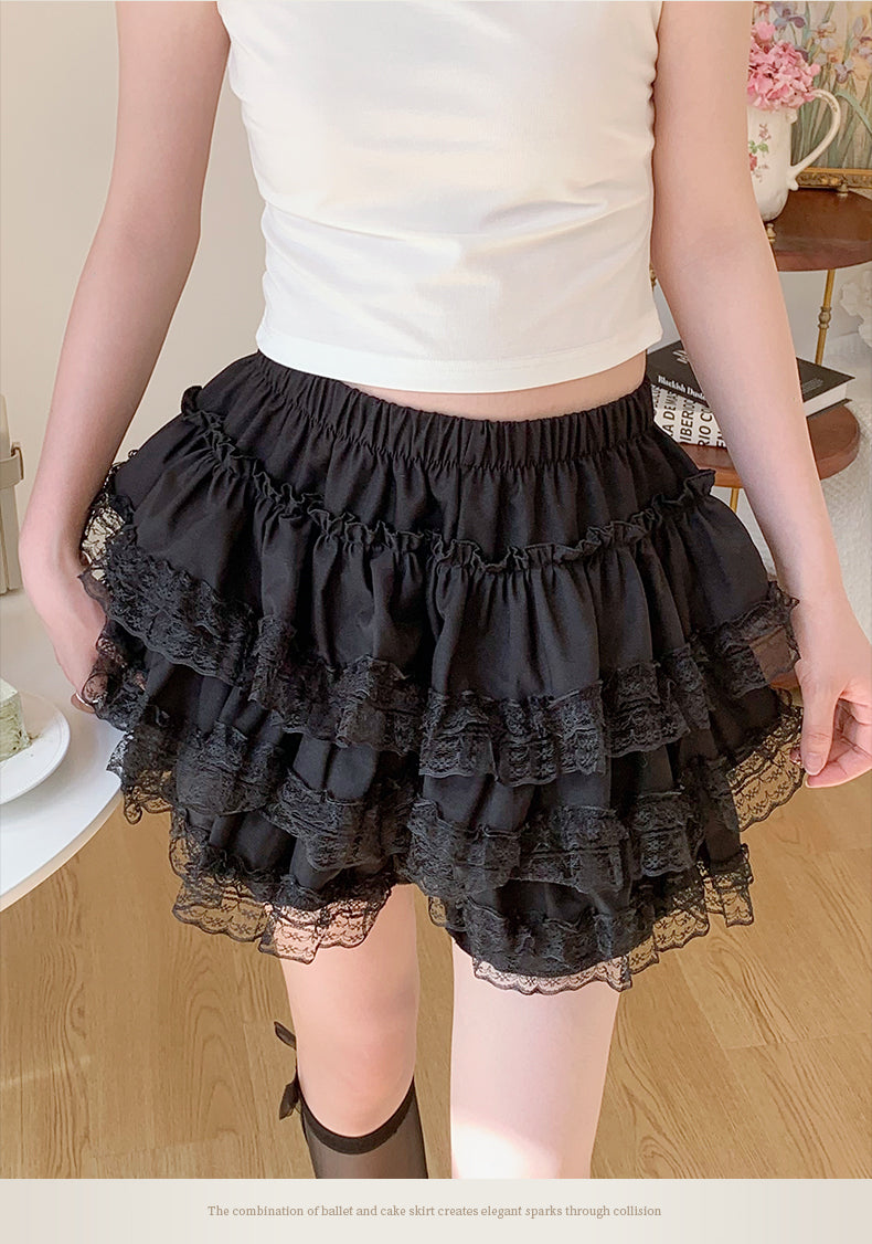 Petticoats Black Lace Trim ALine Skirt High Waisted Fluffy Cake Layered Skirt with Builtin Shorts