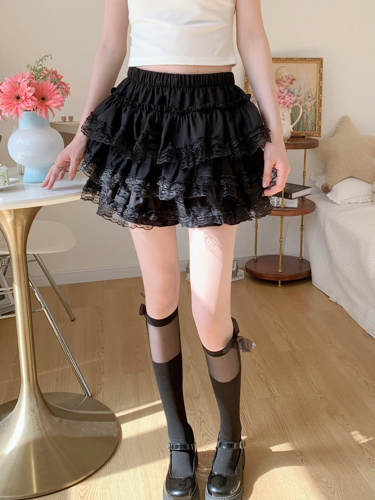 Petticoats Black Lace Trim ALine Skirt High Waisted Fluffy Cake Layered Skirt with Builtin Shorts