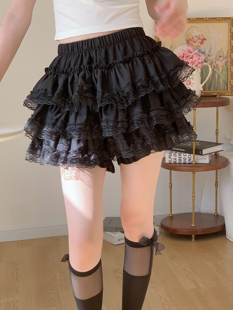 Petticoats Black Lace Trim ALine Skirt High Waisted Fluffy Cake Layered Skirt with Builtin Shorts
