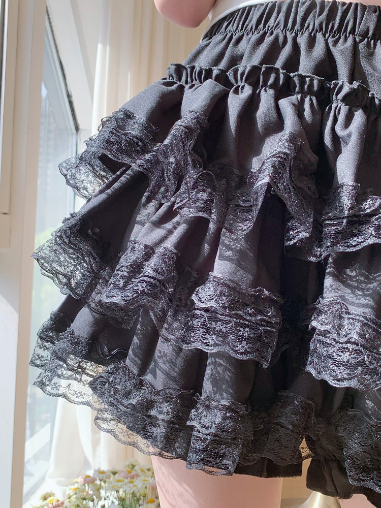 Petticoats Black Lace Trim ALine Skirt High Waisted Fluffy Cake Layered Skirt with Builtin Shorts