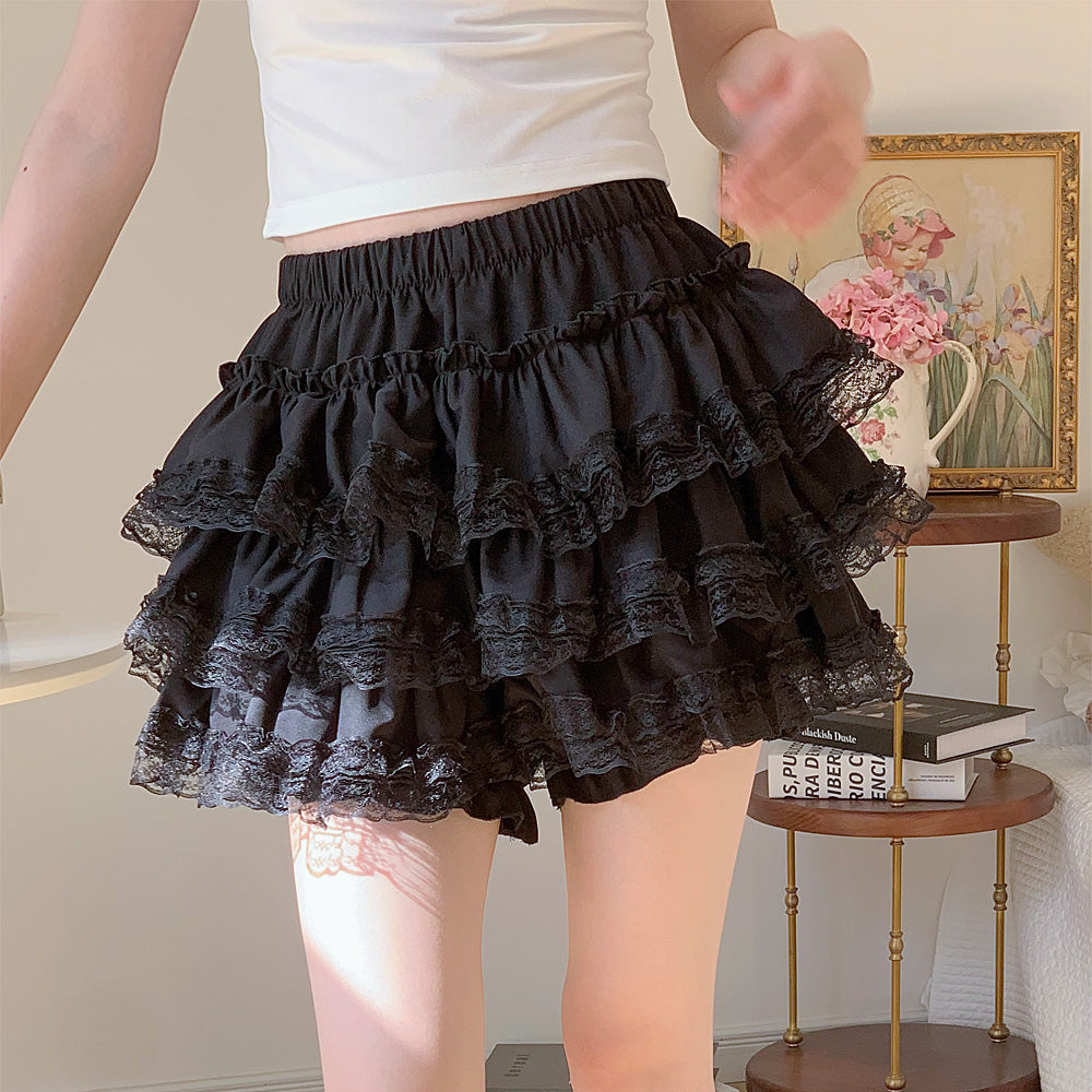 Petticoats Black Lace Trim ALine Skirt High Waisted Fluffy Cake Layered Skirt with Builtin Shorts