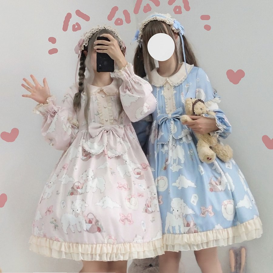Pink Blue Everyday Sweet Cute Lolita Lamb Jacquard OP Lolita Long Sleeve Dress