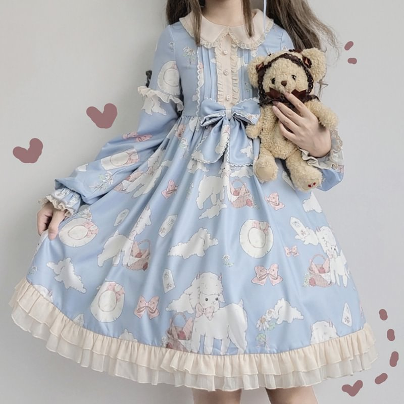 Pink Blue Everyday Sweet Cute Lolita Lamb Jacquard OP Lolita Long Sleeve Dress