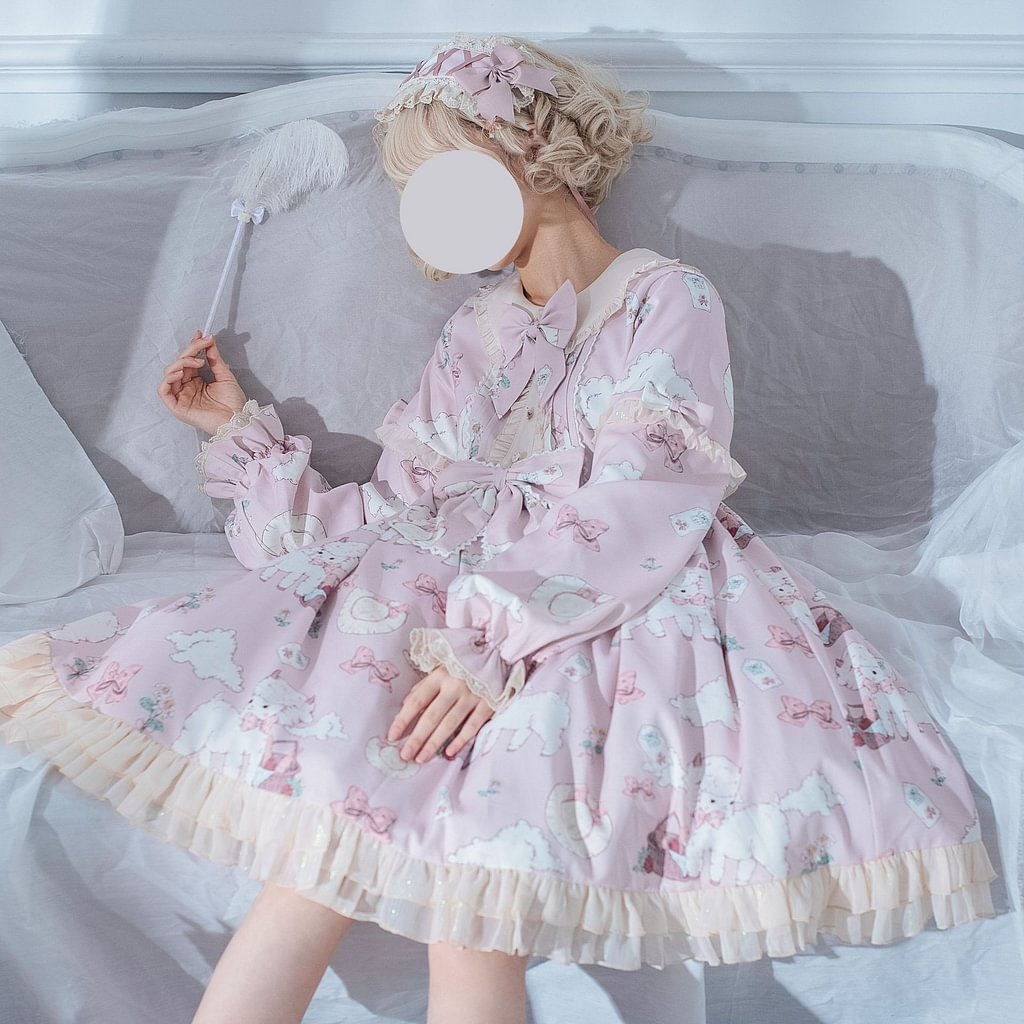 Pink Blue Everyday Sweet Cute Lolita Lamb Jacquard OP Lolita Long Sleeve Dress