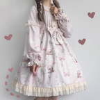 Pink Blue Everyday Sweet Cute Lolita Lamb Jacquard OP Lolita Long Sleeve Dress