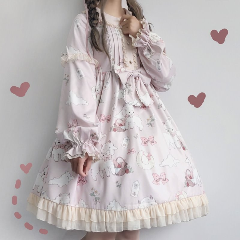 Pink Blue Everyday Sweet Cute Lolita Lamb Jacquard OP Lolita Long Sleeve Dress