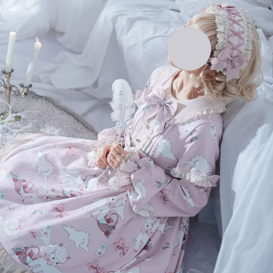Pink Blue Everyday Sweet Cute Lolita Lamb Jacquard OP Lolita Long Sleeve Dress