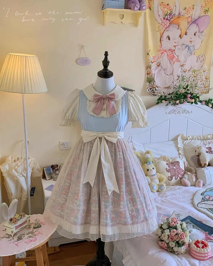 Pink Blue Lolita Dress Sweet Idyllic Floral Elegant Summer Short Sleeve Dress Cute