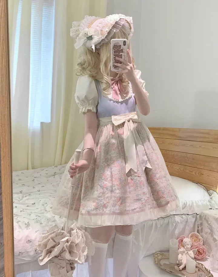 Pink Blue Lolita Dress Sweet Idyllic Floral Elegant Summer Short Sleeve Dress Cute
