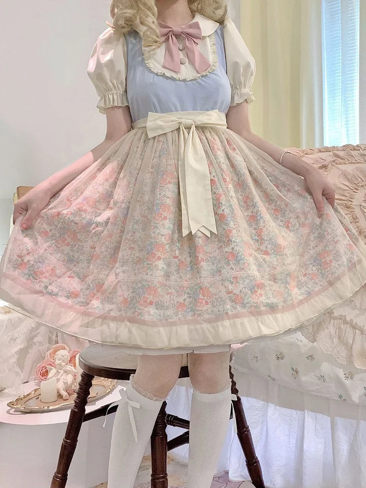 Pink Blue Lolita Dress Sweet Idyllic Floral Elegant Summer Short Sleeve Dress Cute