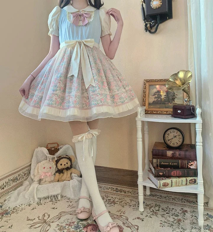 Pink Blue Lolita Dress Sweet Idyllic Floral Elegant Summer Short Sleeve Dress Cute