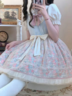 Pink Blue Lolita Dress Sweet Idyllic Floral Elegant Summer Short Sleeve Dress Cute