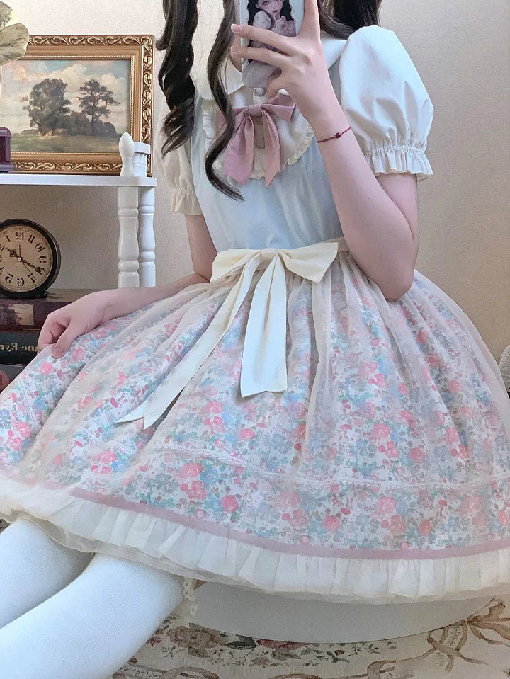 Pink Blue Lolita Dress Sweet Idyllic Floral Elegant Summer Short Sleeve Dress Cute