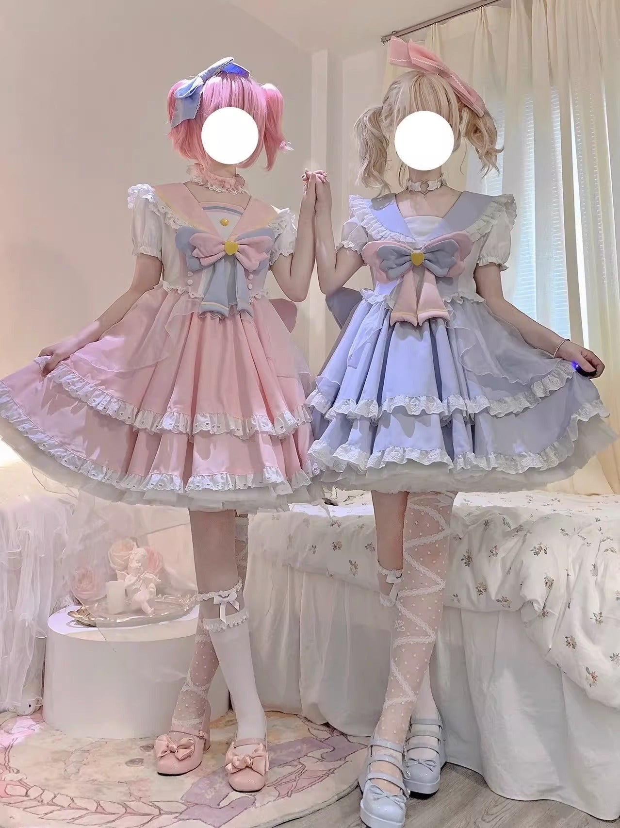 Pink Blue Short Bubble Sleeve Dress Lolita