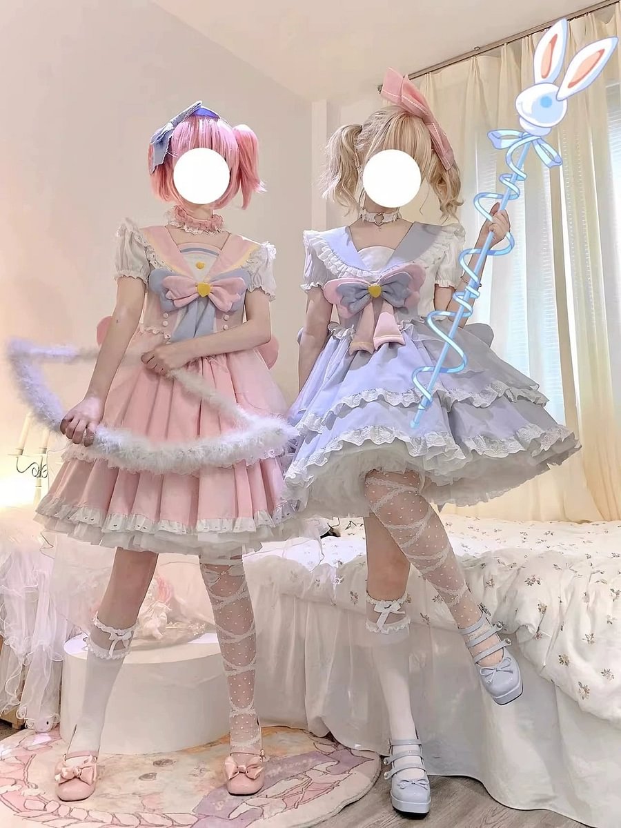 Pink Blue Short Bubble Sleeve Dress Lolita