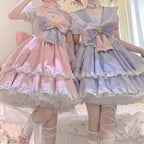 Pink Blue Short Bubble Sleeve Dress Lolita