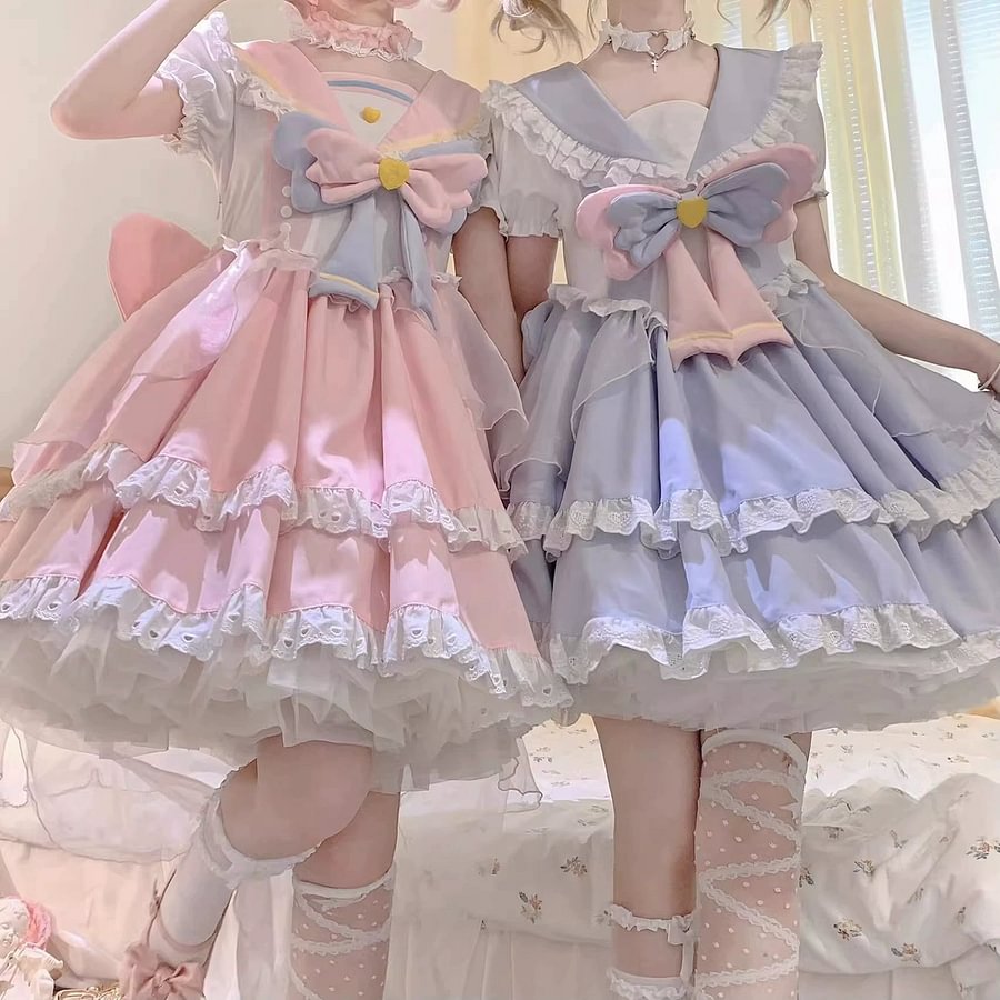 Pink Blue Short Bubble Sleeve Dress Lolita