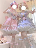 Pink Blue Short Bubble Sleeve Dress Lolita