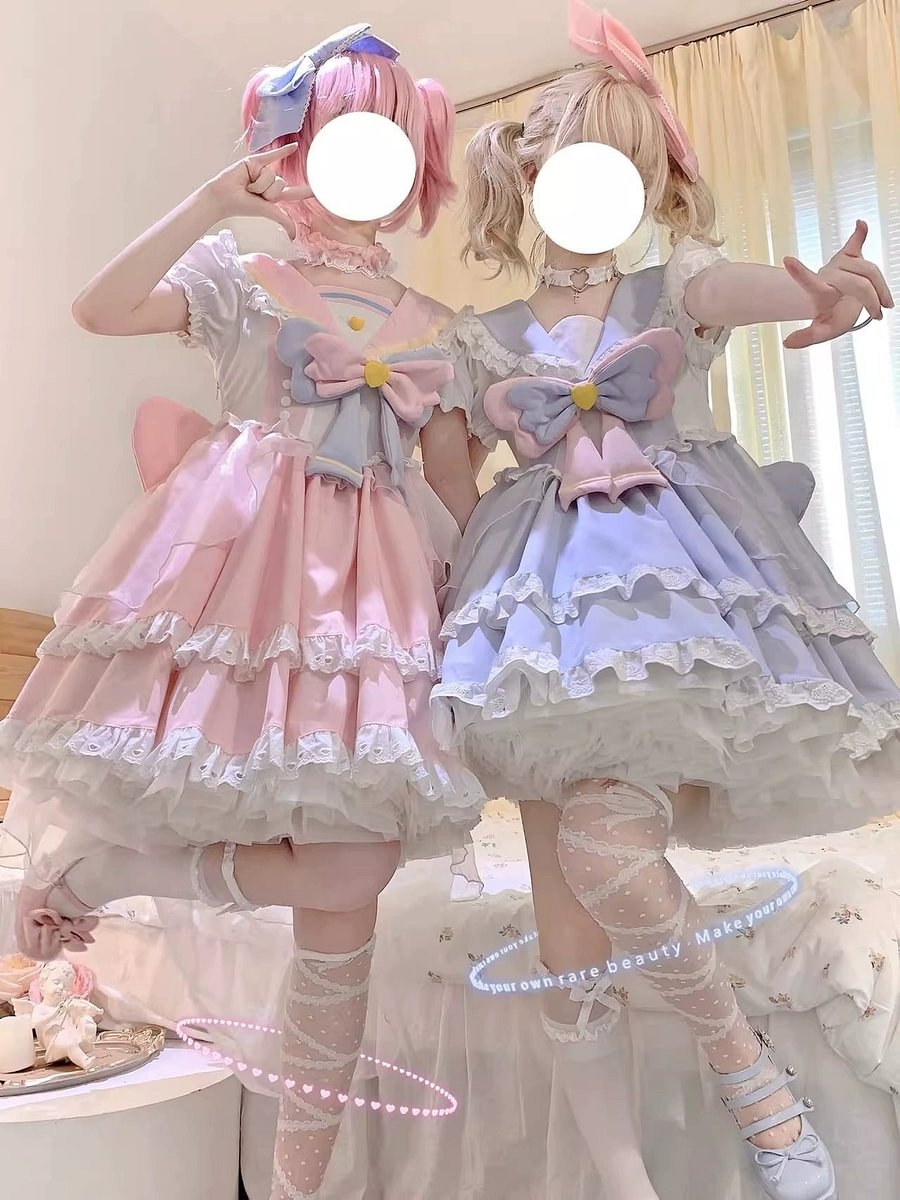 Pink Blue Short Bubble Sleeve Dress Lolita