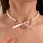 Lolita Necklace Pink Bow White Pearl Love Clavicle Chain Lolita Accessories