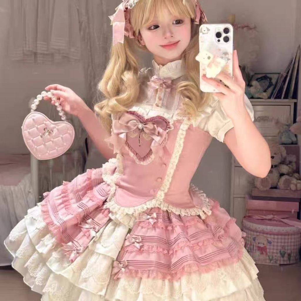Pink Bra Shirt Skirt Lolita Skirt Set Cute Sweet Girl Lace Princess Skirt Lolita Dresses