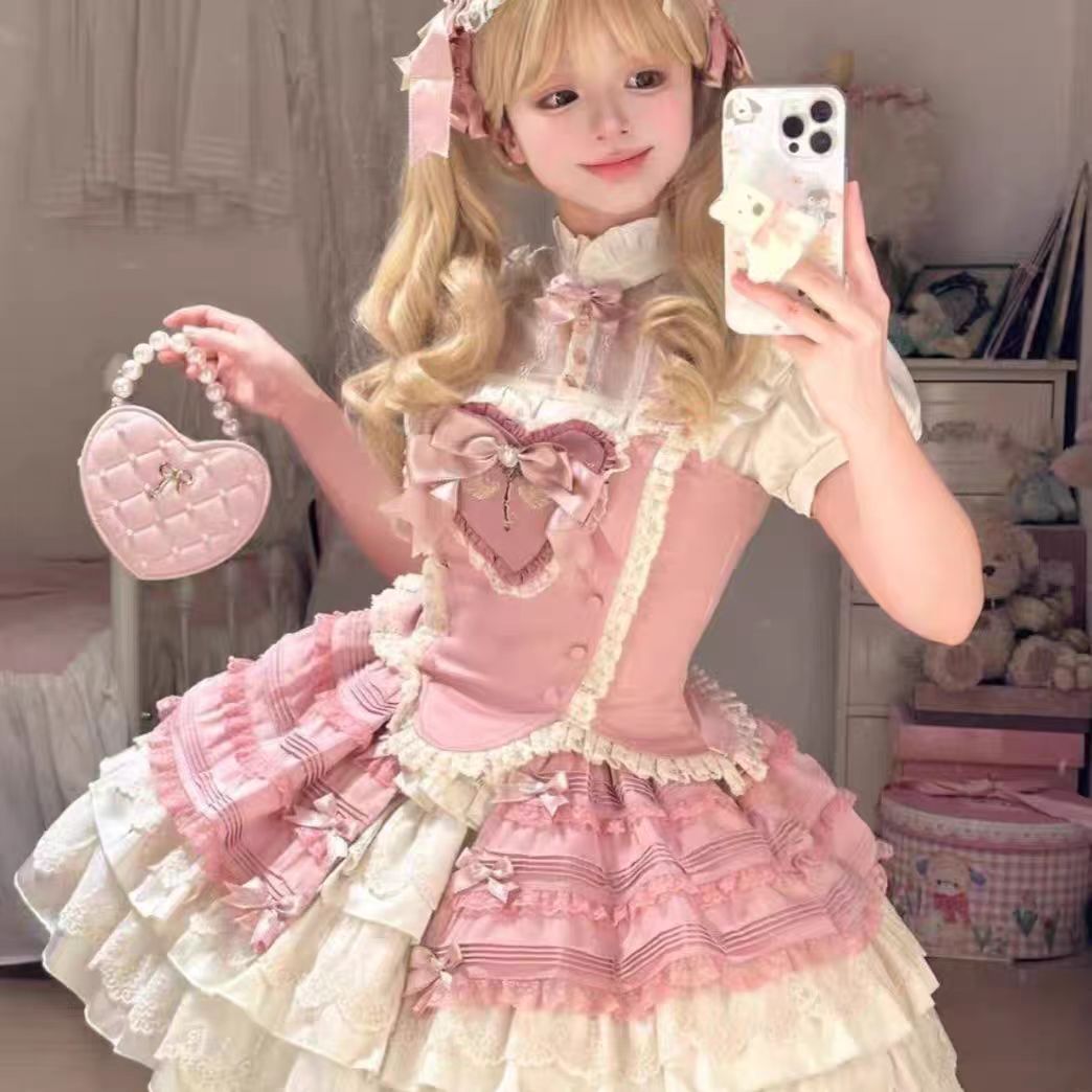 Pink Bra Shirt Skirt Lolita Skirt Set Cute Sweet Girl Lace Princess Skirt Lolita Dresses