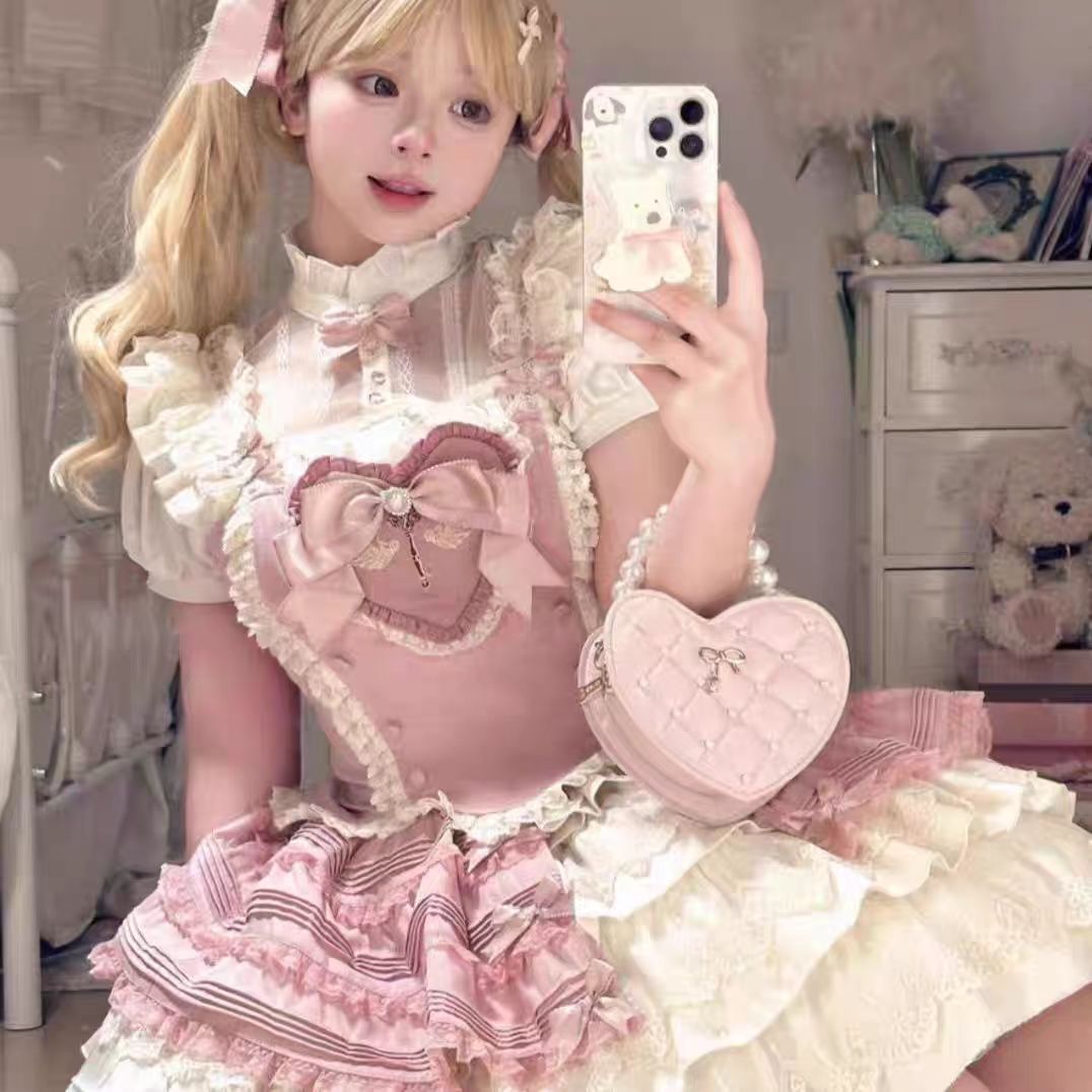 Pink Bra Shirt Skirt Lolita Skirt Set Cute Sweet Girl Lace Princess Skirt Lolita Dresses