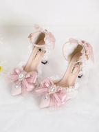 Lolita Shoes Pink Flower Wedding Bow Lace Bar Mitzvah High Heels Sandals Single Shoes