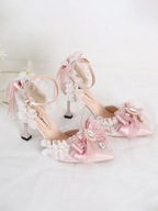 Lolita Shoes Pink Flower Wedding Bow Lace Bar Mitzvah High Heels Sandals Single Shoes