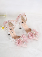 Lolita Shoes Pink Flower Wedding Bow Lace Bar Mitzvah High Heels Sandals Single Shoes