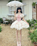 Pink Lace Princess Lolita Dress Sweet Bow Slip Short Dress