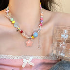 Pink Love Double Necklace Sweet Cool Sweater Chain Beaded Dog Cube Sugar