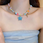 Pink Love Double Necklace Sweet Cool Sweater Chain Beaded Dog Cube Sugar