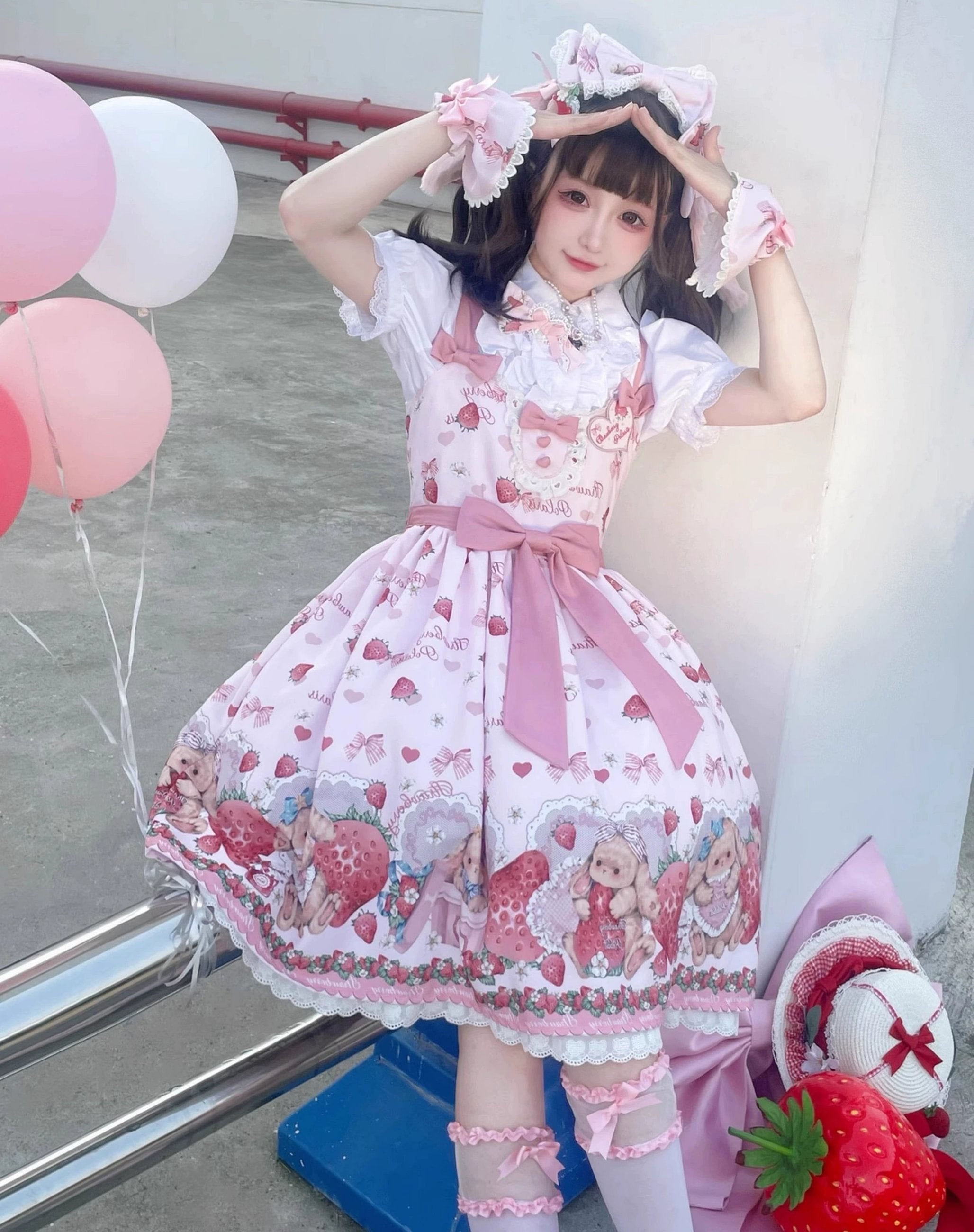 Pink Rabbit Berry Printing Sweet Lolita JSK Pink Lolita Dress